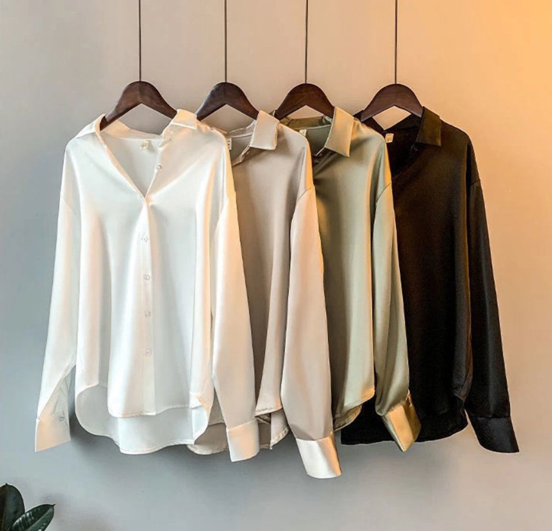 Aria | Women's Satin Long Sleeve Button-Front Blouse Point Collar