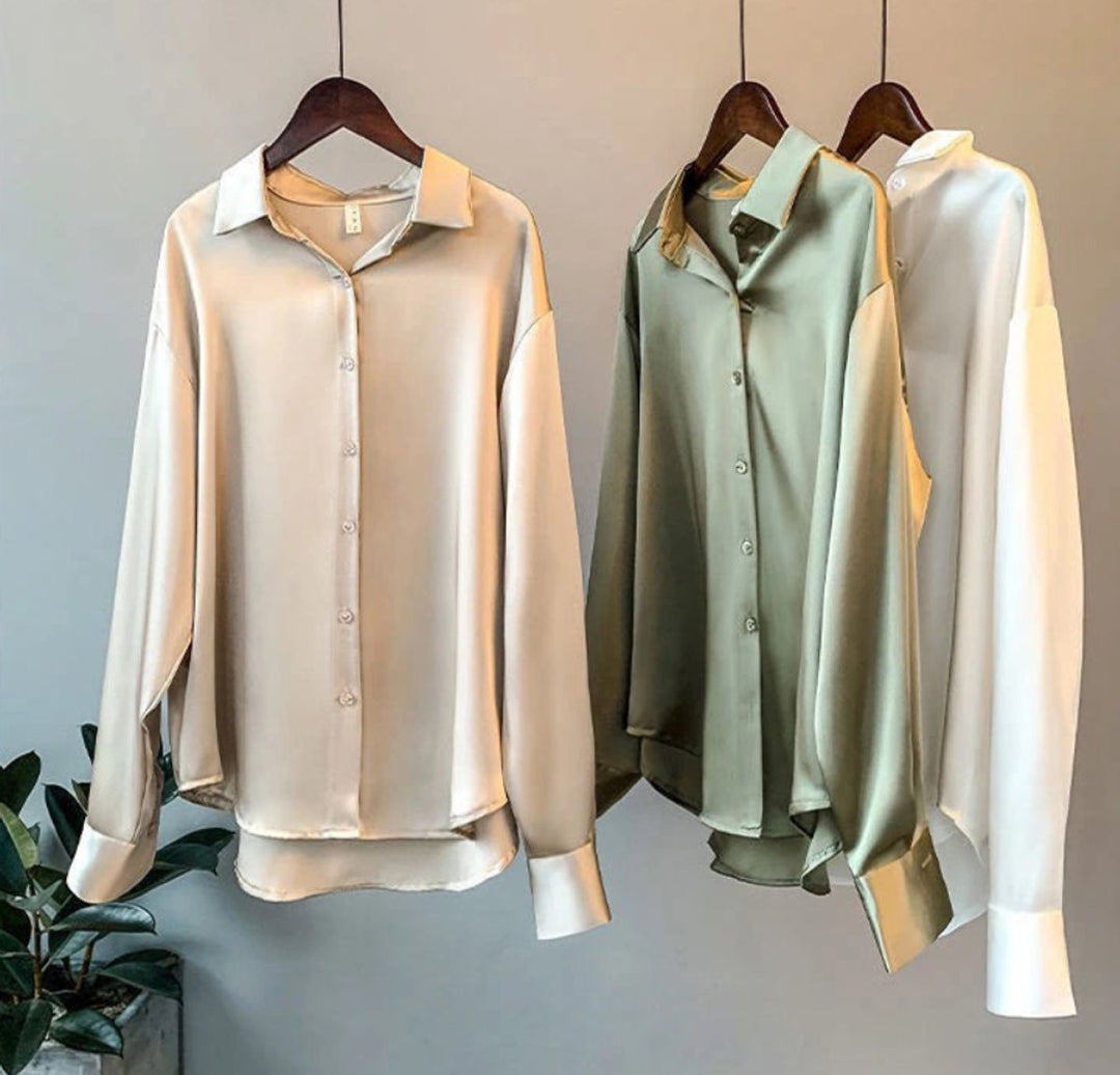 Aria | Women's Satin Long Sleeve Button-Front Blouse Point Collar