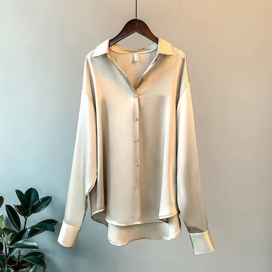 Aria | Women's Satin Long Sleeve Button-Front Blouse Point Collar