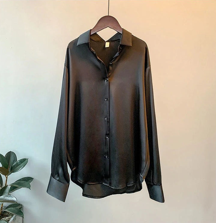 Aria | Women's Satin Long Sleeve Button-Front Blouse Point Collar