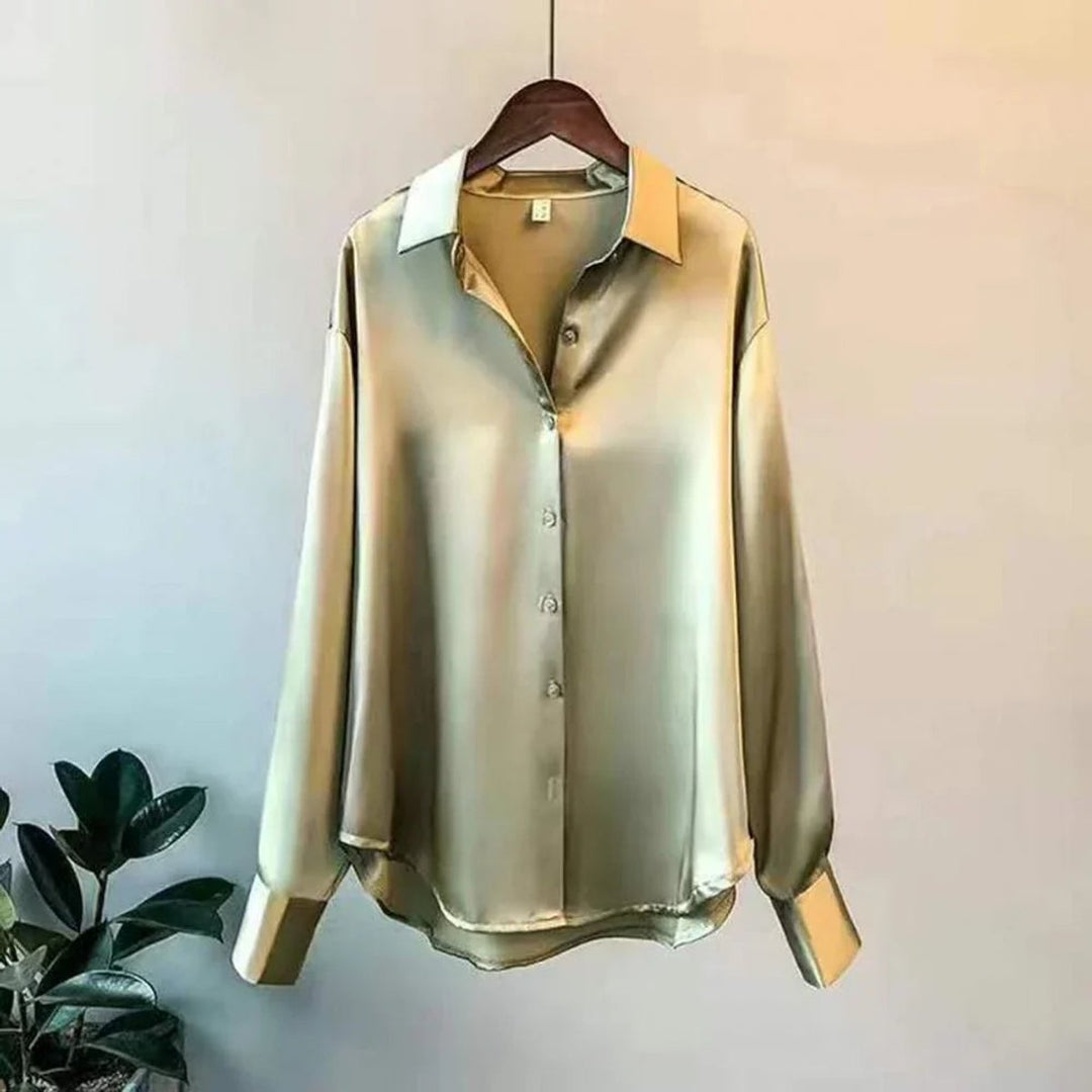 Aria | Women's Satin Long Sleeve Button-Front Blouse Point Collar
