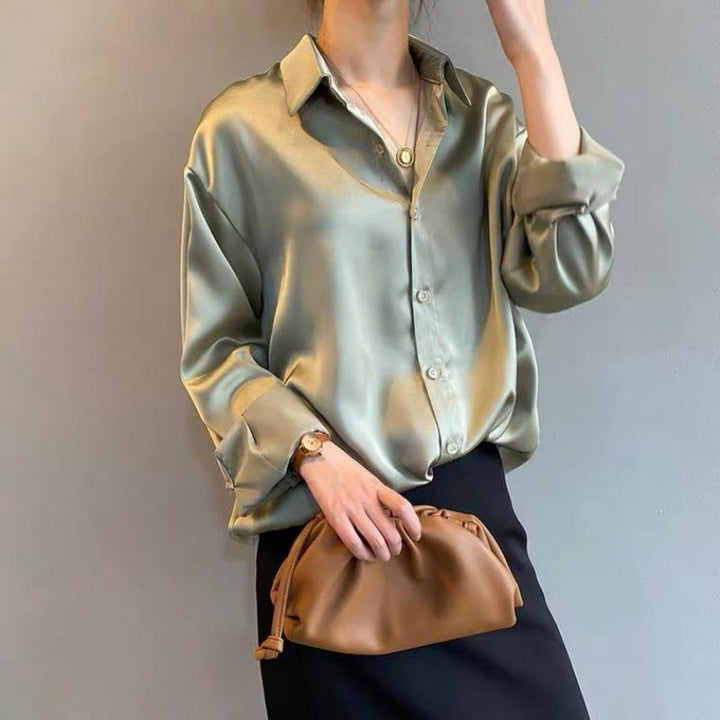 Aria | Women's Satin Long Sleeve Button-Front Blouse Point Collar