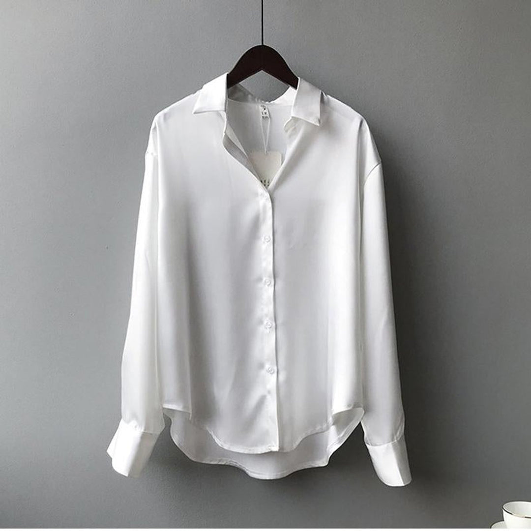 Aria | Women's Satin Long Sleeve Button-Front Blouse Point Collar