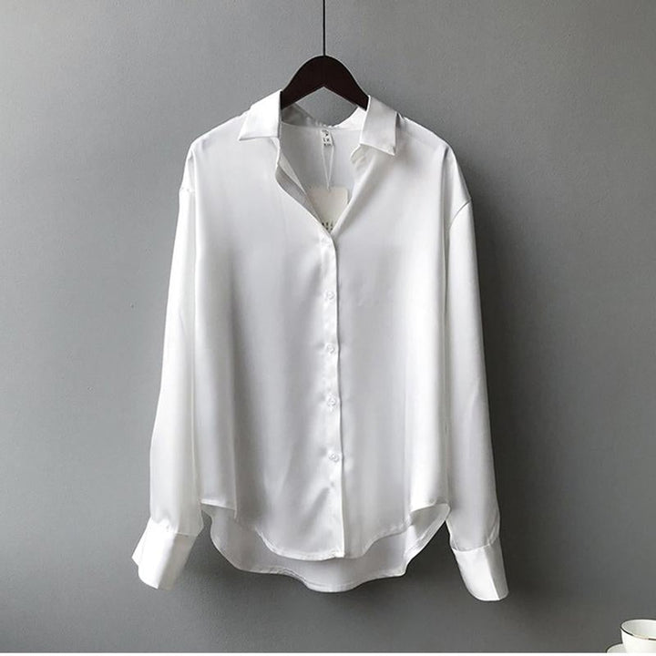 Aria | Women's Satin Long Sleeve Button-Front Blouse Point Collar