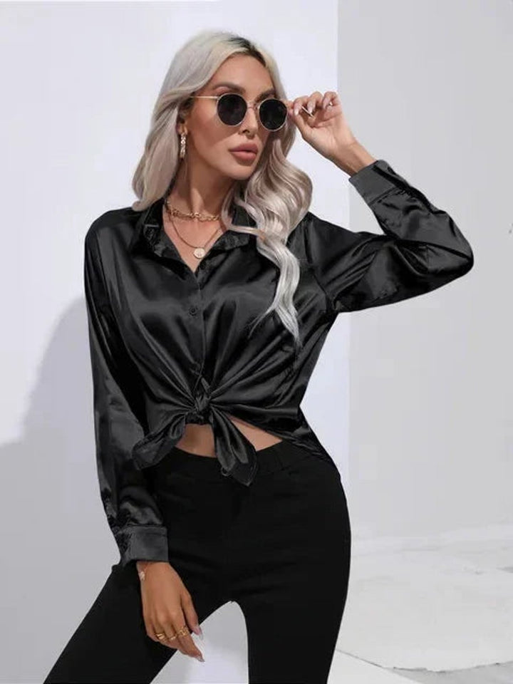Mia | Women's Satin Long-Sleeve Tie-Front Blouse Classic Collar