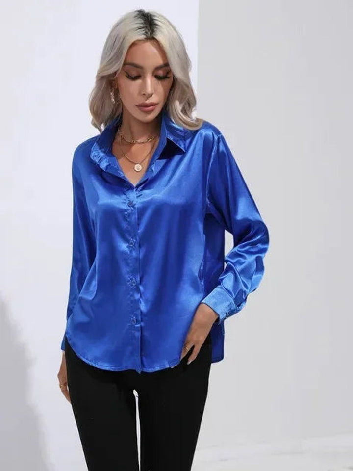 Mia | Women's Satin Long-Sleeve Tie-Front Blouse Classic Collar