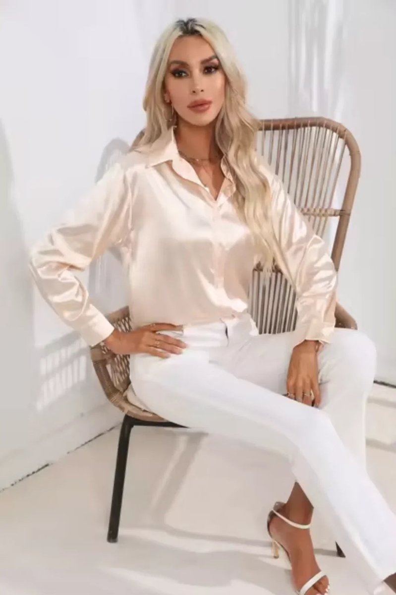 Mia | Women's Satin Long-Sleeve Tie-Front Blouse Classic Collar
