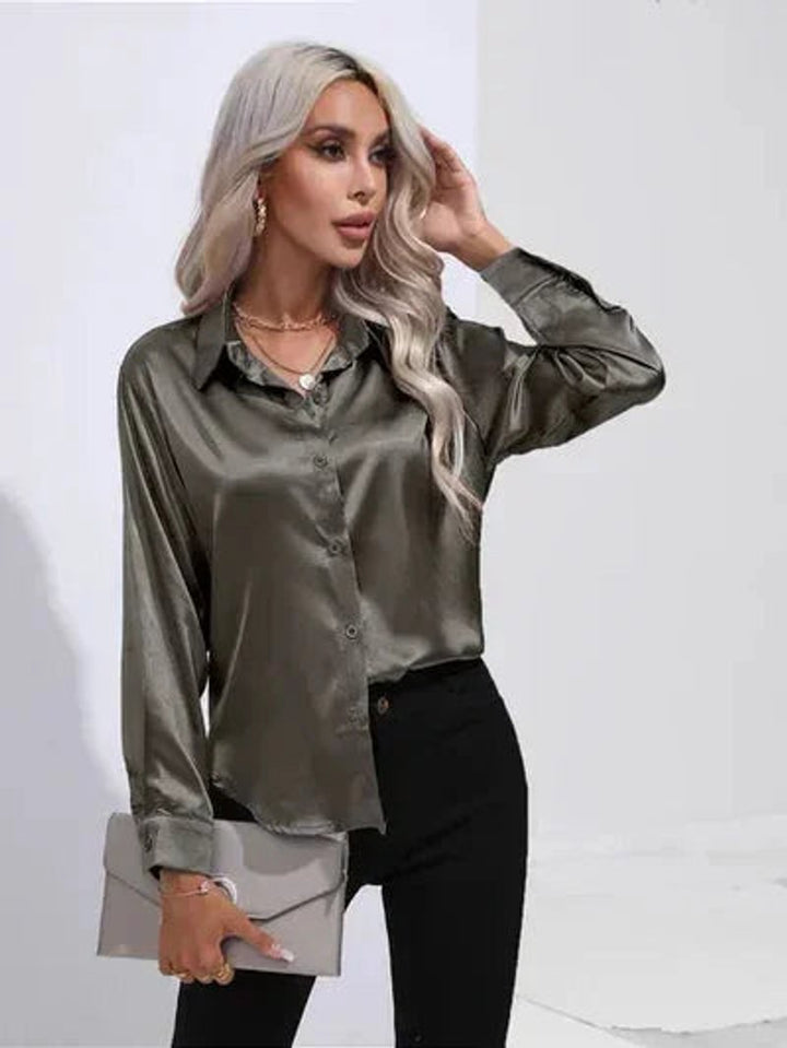 Mia | Women's Satin Long-Sleeve Tie-Front Blouse Classic Collar
