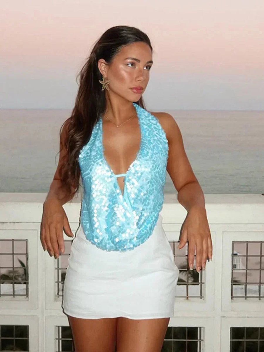 Sienna | Women's Sequin Halter Neck Party Top Plunging V Sleeveless