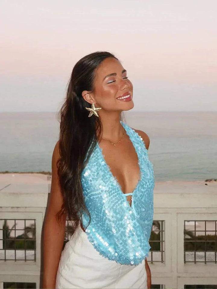 Sienna | Women's Sequin Halter Neck Party Top Plunging V Sleeveless
