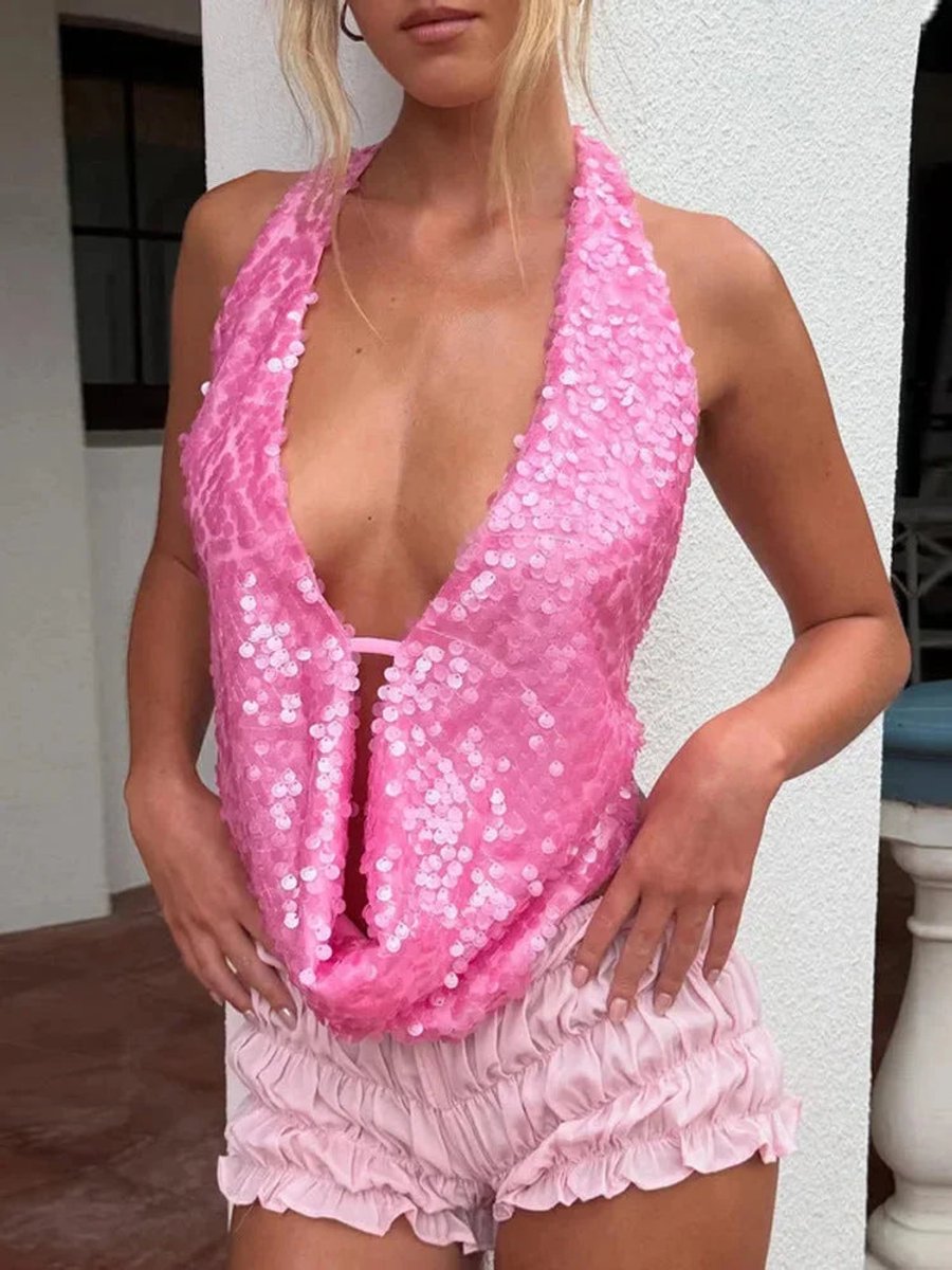 Sienna | Women's Sequin Halter Neck Party Top Plunging V Sleeveless