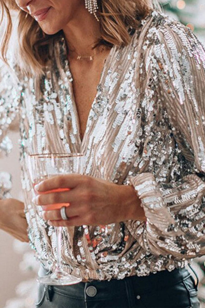 Willow | Women's Sequin Long-Sleeve Blouse V-Neck Party Top