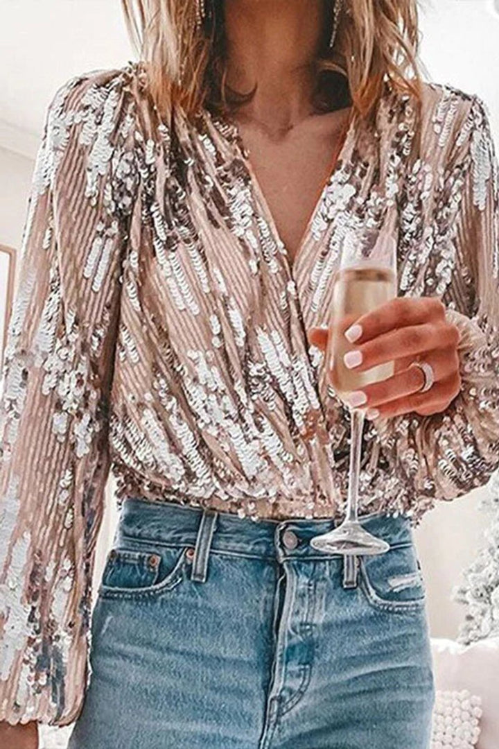 Willow | Women's Sequin Long-Sleeve Blouse V-Neck Party Top