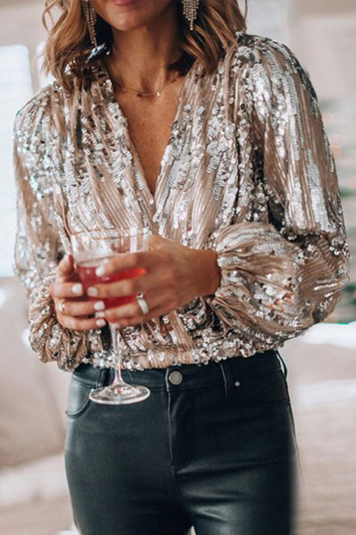 Willow | Women's Sequin Long-Sleeve Blouse V-Neck Party Top
