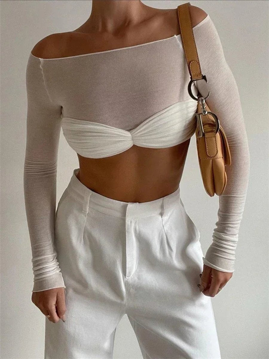 Ava | Women's Sheer Knit Long-Sleeve Top Twisted Bust Boat Neck