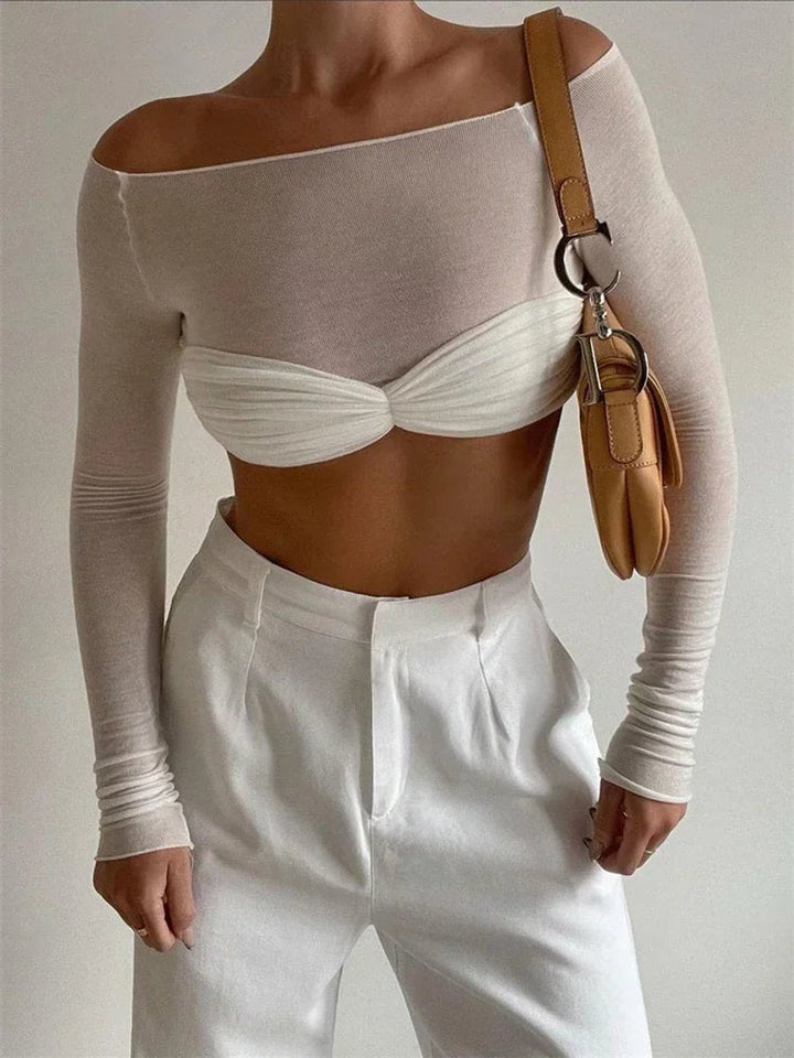 Ava | Women's Sheer Knit Long-Sleeve Top Twisted Bust Boat Neck