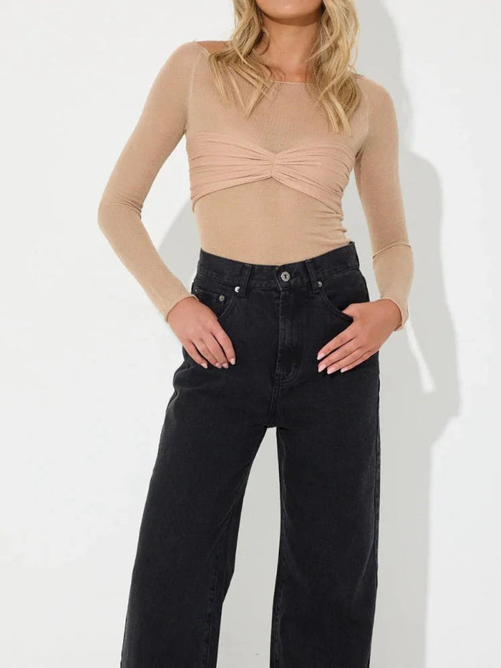 Ava | Women's Sheer Knit Long-Sleeve Top Twisted Bust Boat Neck