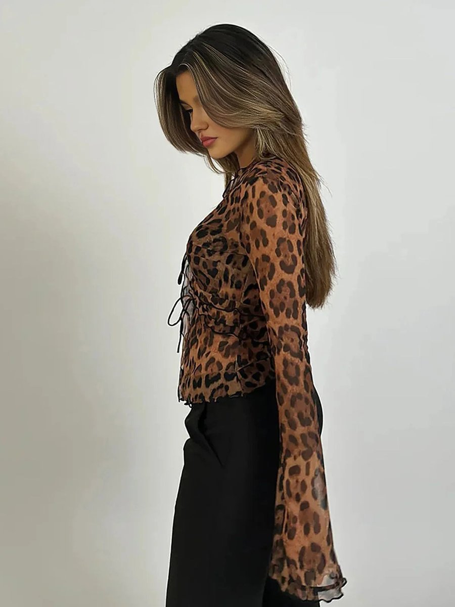 Sophie | Women's Sheer Leopard Print Long-Sleeve Tie-Front Blouse