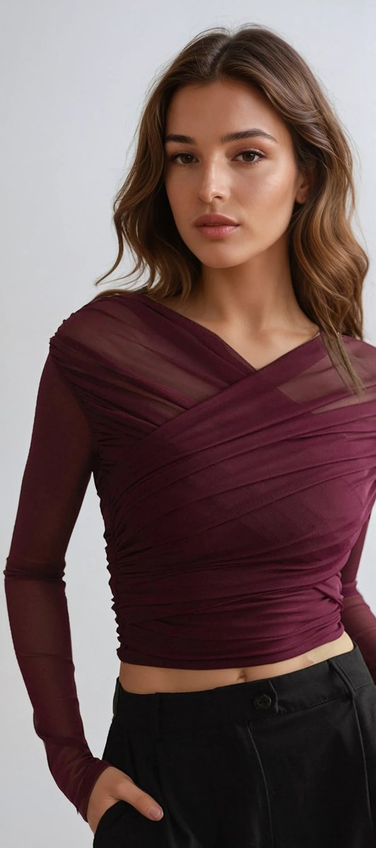 Phoebe | Women's Sheer Pleated Long-Sleeve Wrap Blouse Top