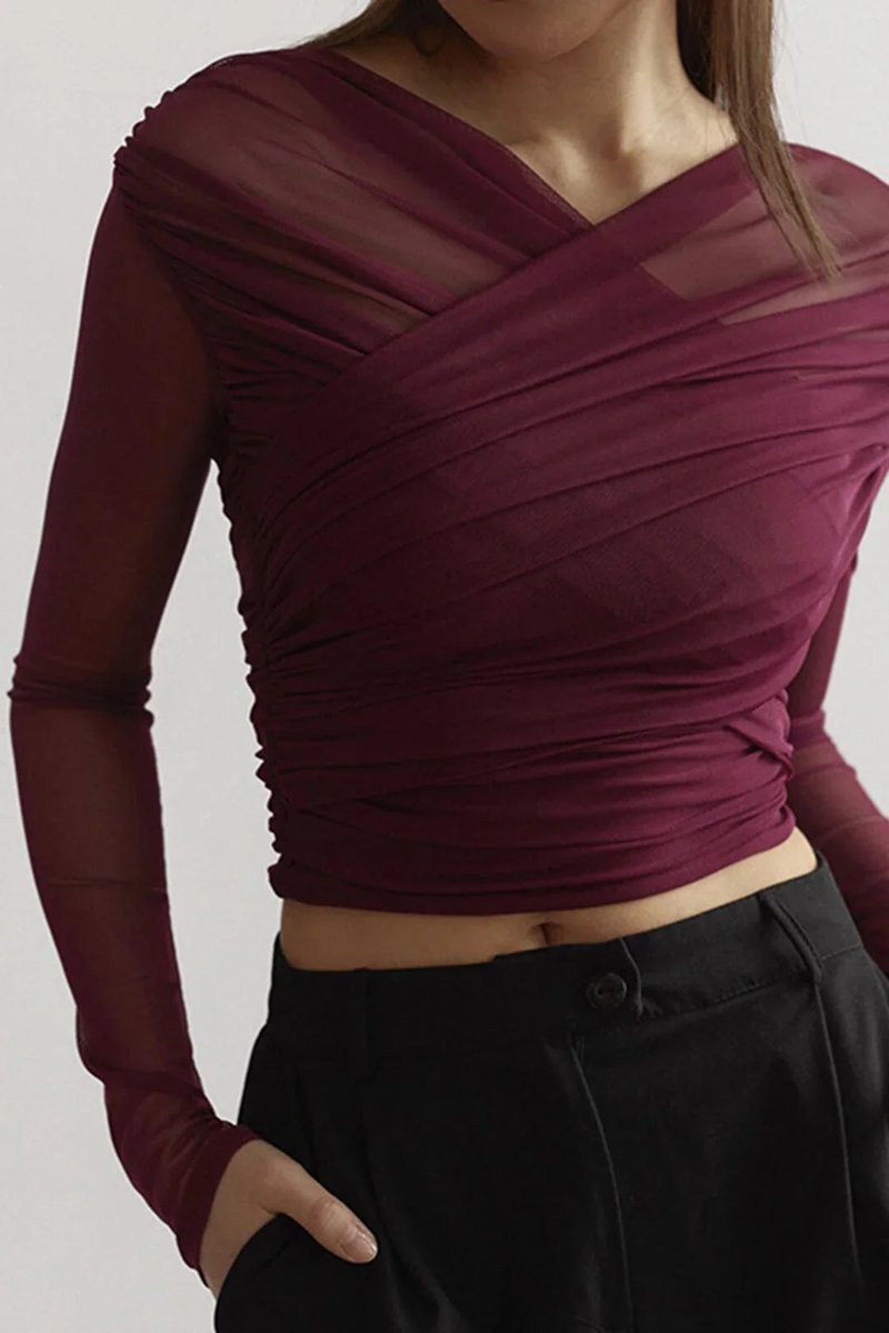 Phoebe | Women's Sheer Pleated Long-Sleeve Wrap Blouse Top