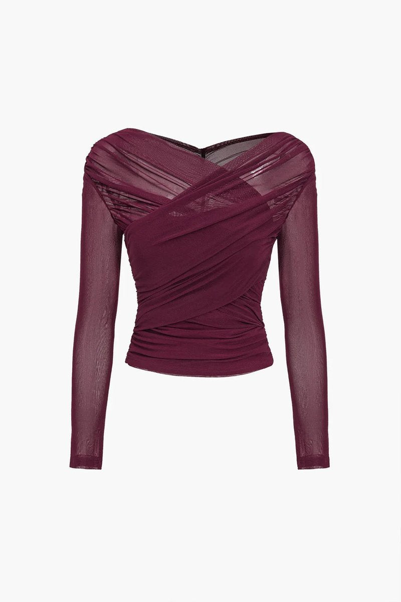 Phoebe | Women's Sheer Pleated Long-Sleeve Wrap Blouse Top