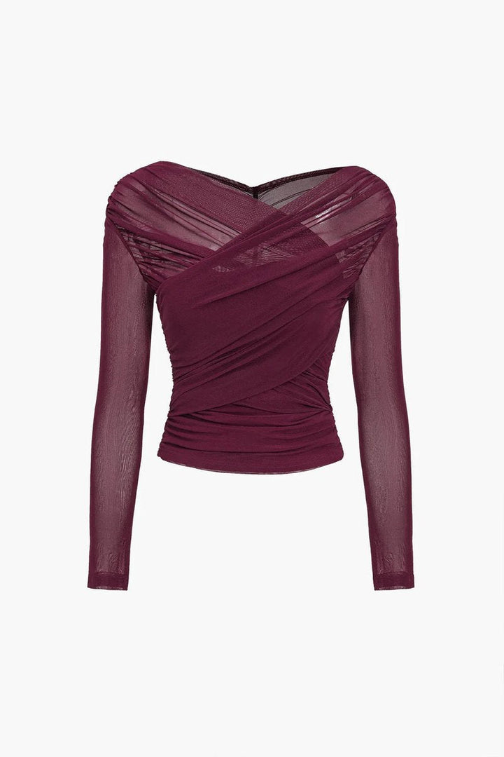 Phoebe | Women's Sheer Pleated Long-Sleeve Wrap Blouse Top