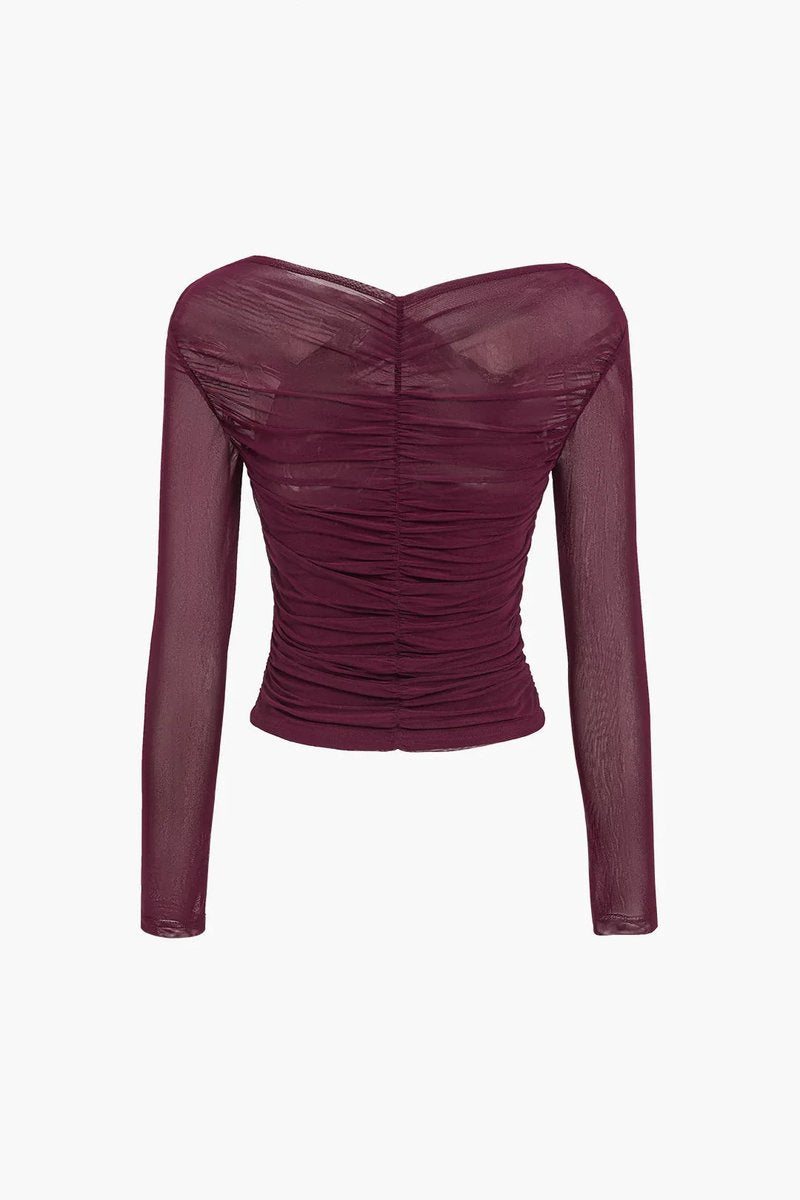 Phoebe | Women's Sheer Pleated Long-Sleeve Wrap Blouse Top
