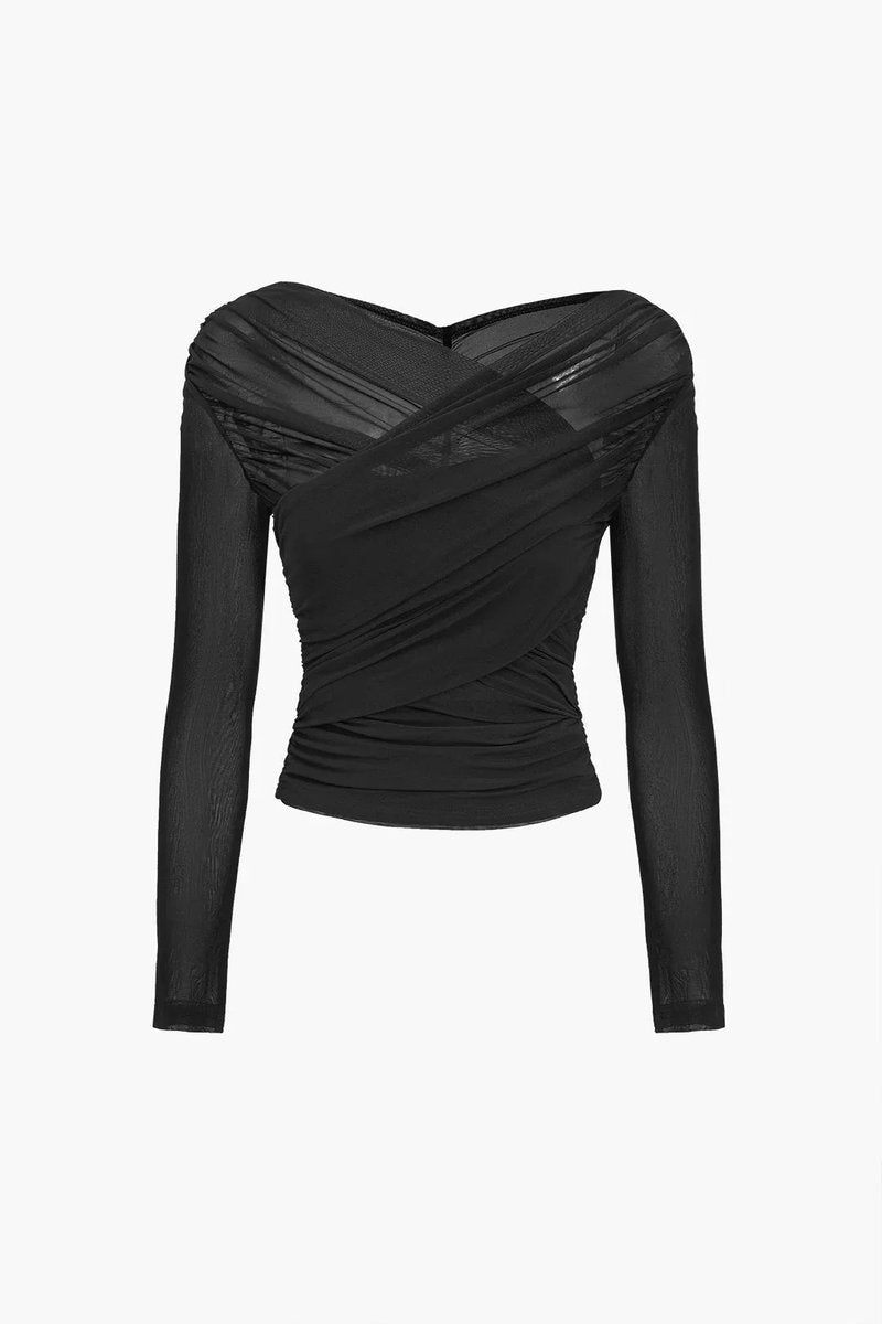 Phoebe | Women's Sheer Pleated Long-Sleeve Wrap Blouse Top
