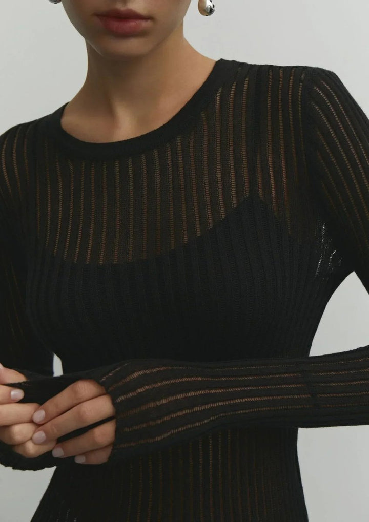 Sophie | Women's Sheer Ribbed Long-Sleeve Knit Top Crew Neck
