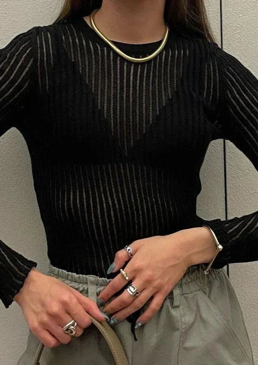 Sophie | Women's Sheer Ribbed Long-Sleeve Knit Top Crew Neck