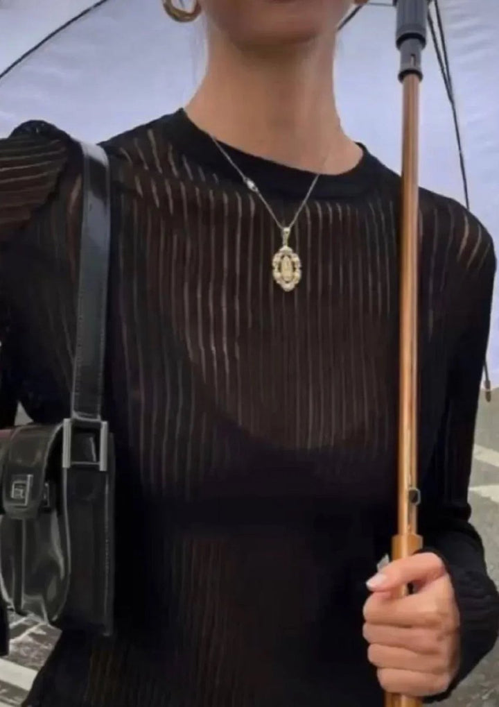 Sophie | Women's Sheer Ribbed Long-Sleeve Knit Top Crew Neck