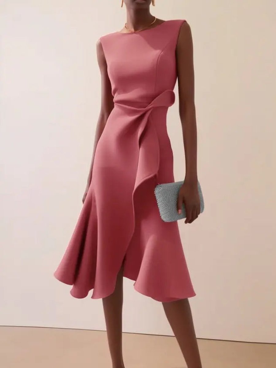 Ava | Women's Sleeveless Draped Midi Party Dress Asymmetric Ruffle Hem