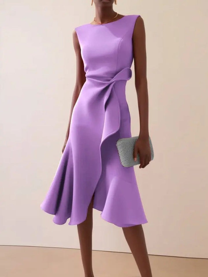 Ava | Women's Sleeveless Draped Midi Party Dress Asymmetric Ruffle Hem