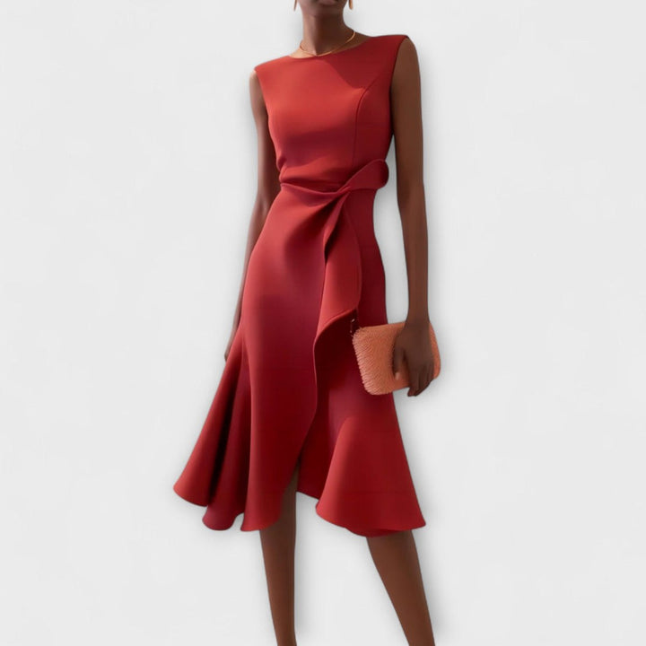 Ava | Women's Sleeveless Asymmetric Party Dress Draped Waist Flared Midi