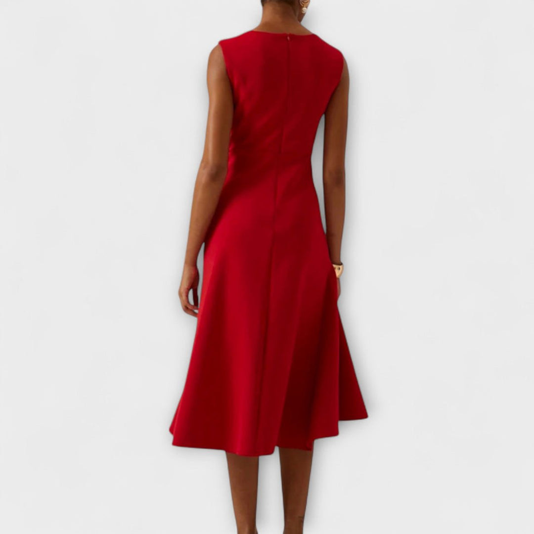 Ava | Women's Sleeveless Asymmetric Party Dress Draped Waist Flared Midi