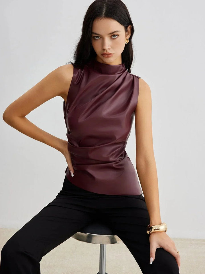Olivia | Women's Sleeveless Roll-Neck Gathered Satin Blouse Top