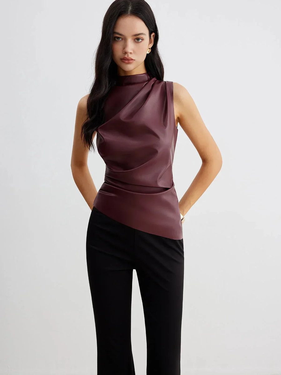 Olivia | Women's Sleeveless Roll-Neck Gathered Satin Blouse Top