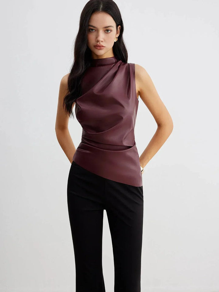 Olivia | Women's Sleeveless Roll-Neck Gathered Satin Blouse Top