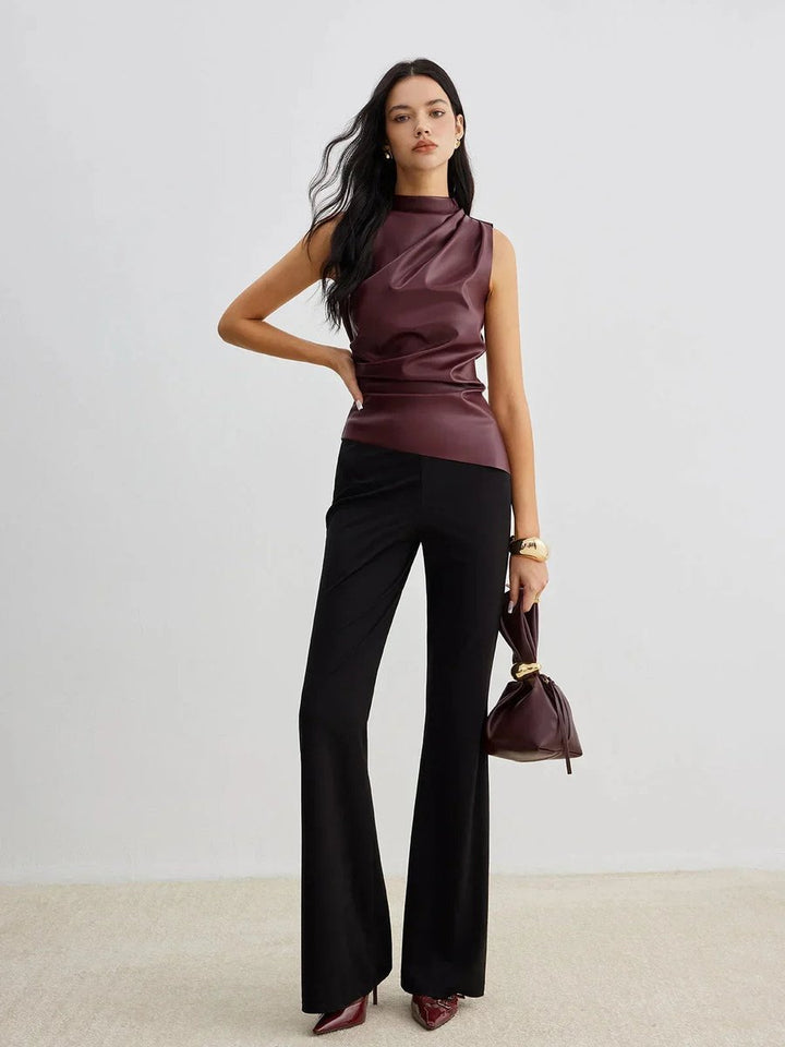 Olivia | Women's Sleeveless Roll-Neck Gathered Satin Blouse Top