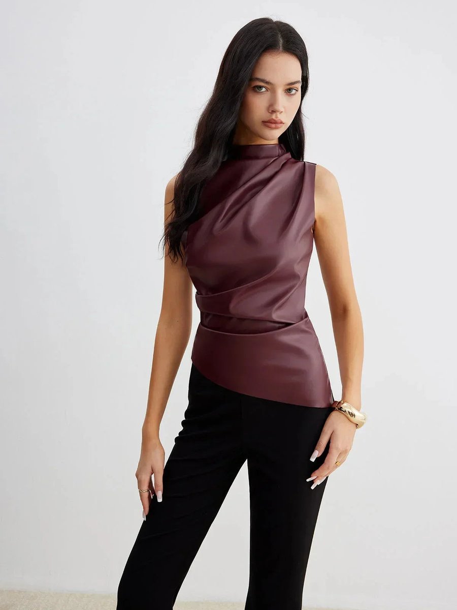 Olivia | Women's Sleeveless Roll-Neck Gathered Satin Blouse Top