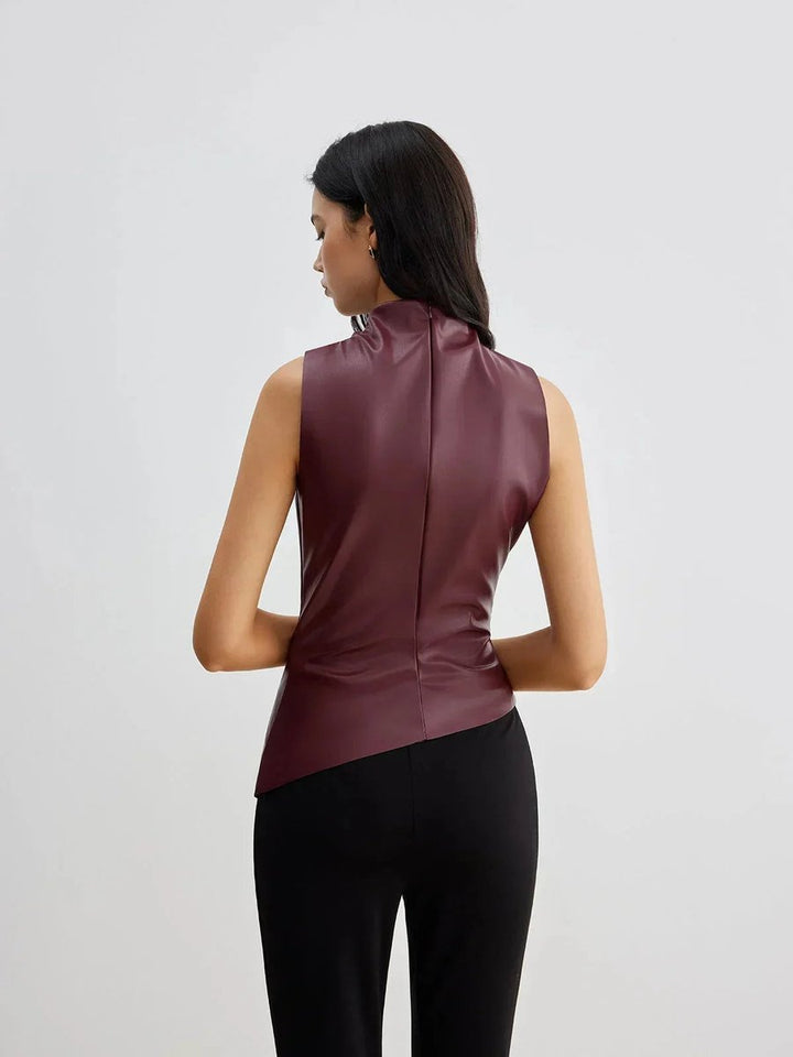 Olivia | Women's Sleeveless Roll-Neck Gathered Satin Blouse Top