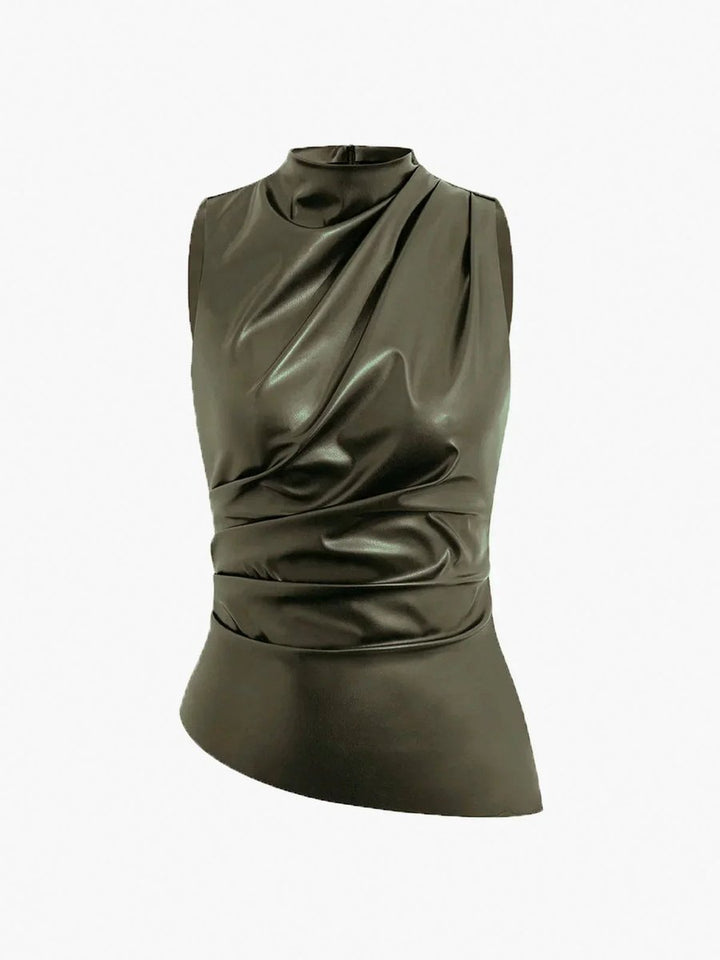 Olivia | Women's Sleeveless Roll-Neck Gathered Satin Blouse Top