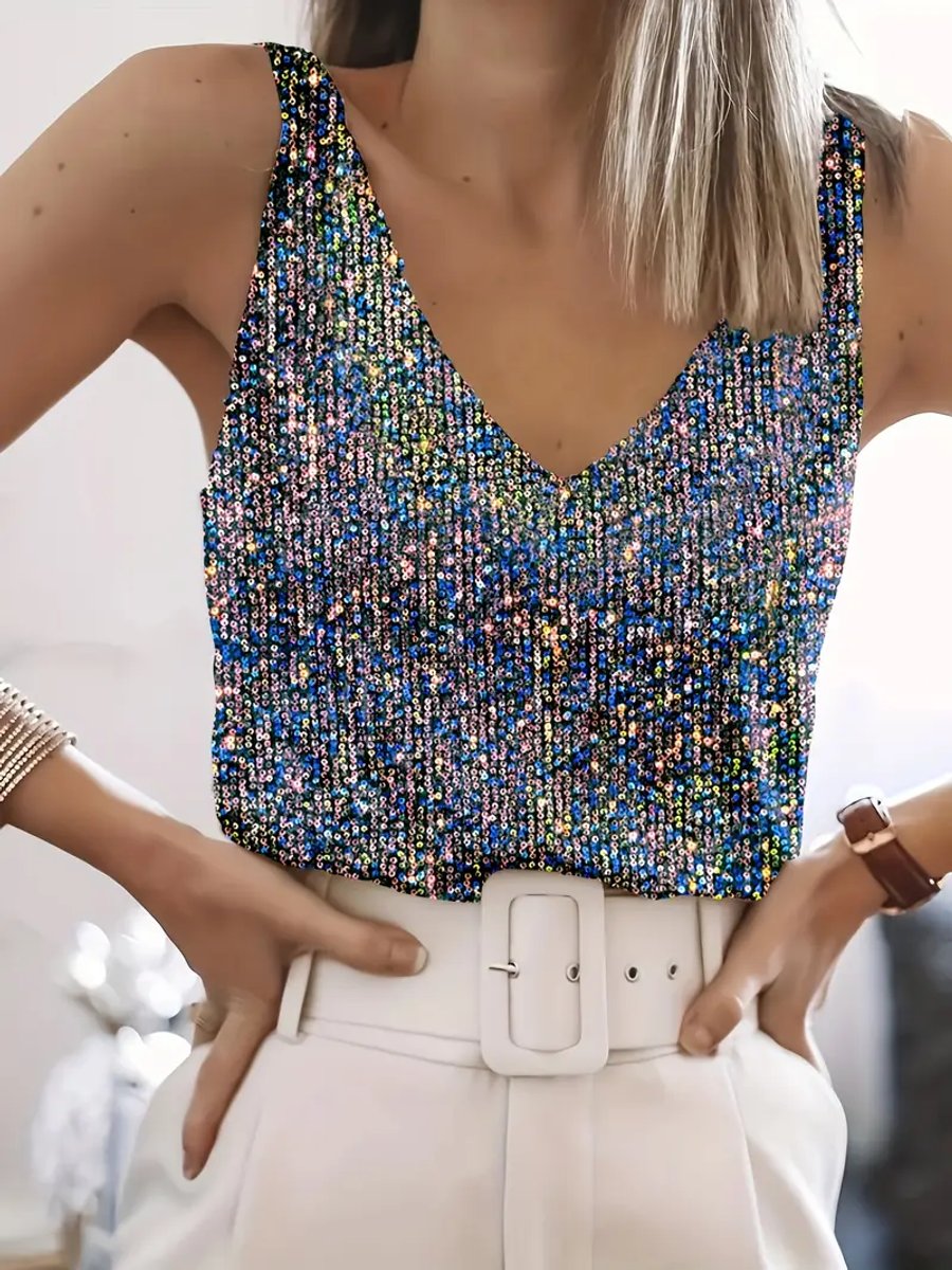 Isla | Women's Sleeveless Sequin Party Top V-Neck Wide Straps