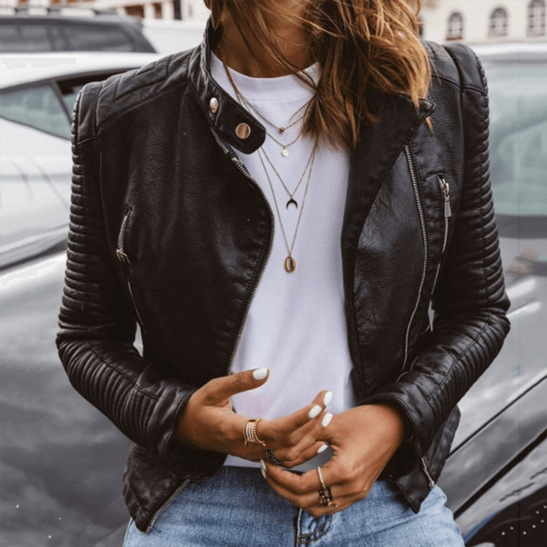 Amelia | Women's Slim Fit Biker Coat Faux Leather Quilted Sleeve Jacket