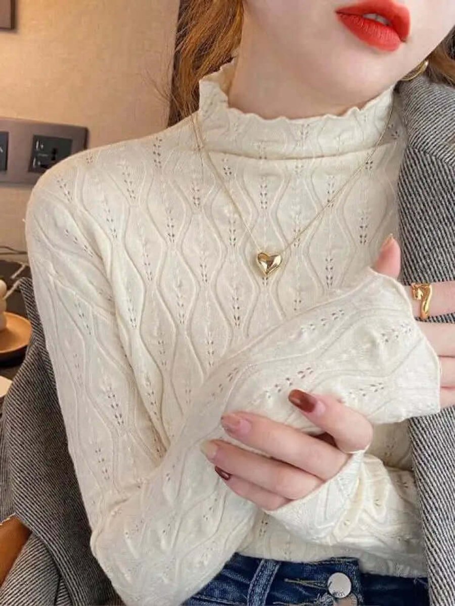 Florence | Women's Slim-Fit Roll-Neck Long-Sleeve Pointelle Knit Top