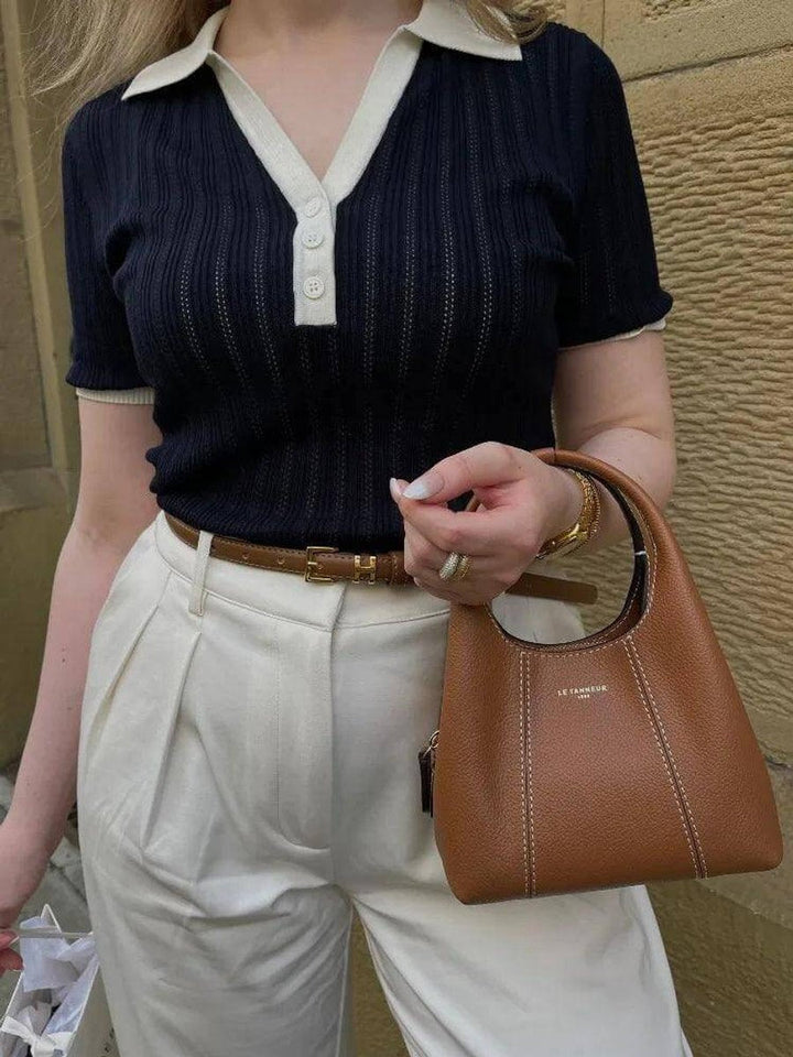 Evelyn | Women's Slim Fit Knitted Polo Collar Top Contrast Trim