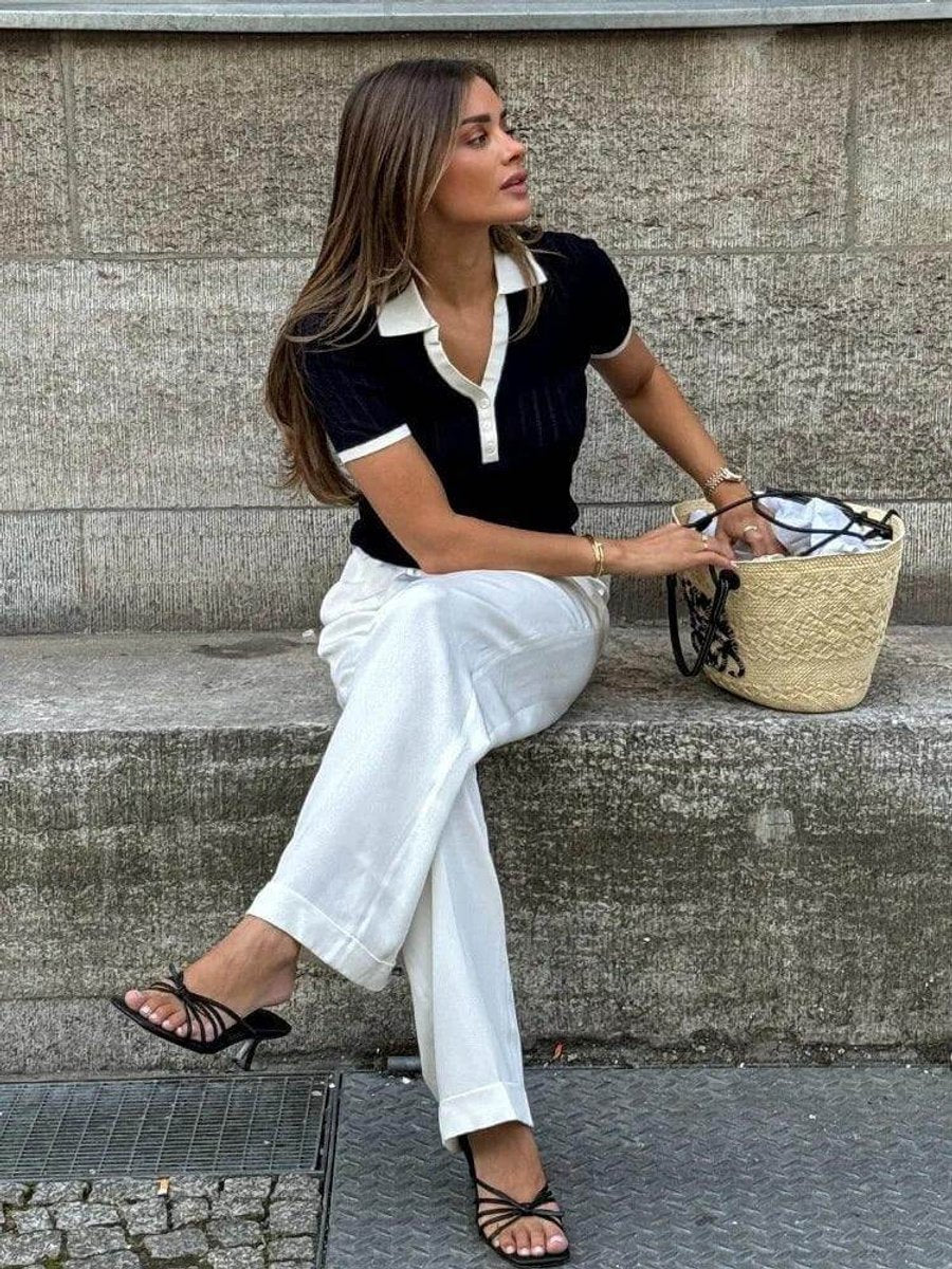 Evelyn | Women's Slim Fit Knitted Polo Collar Top Contrast Trim