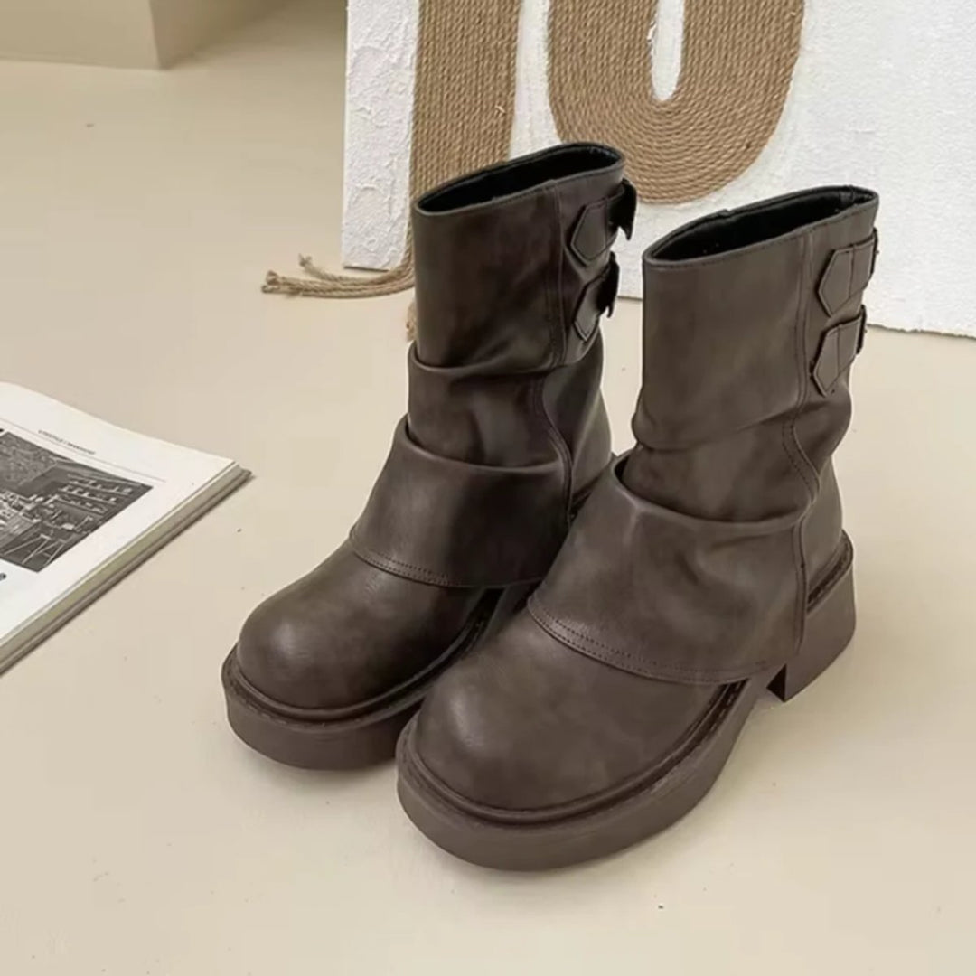 Amelia | Women's Slouchy Leather Ankle Boots Thick Sole Flat Heel