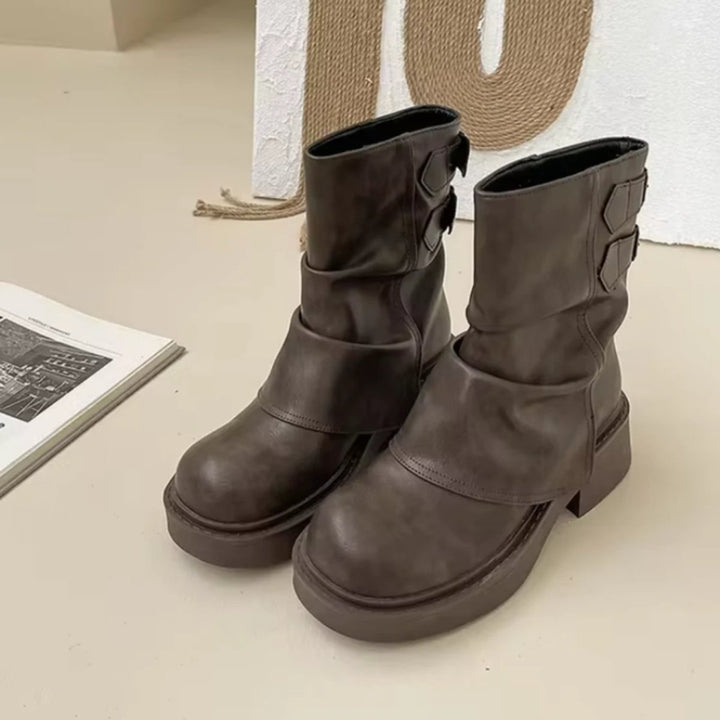 Amelia | Women's Slouchy Leather Ankle Boots Thick Sole Flat Heel