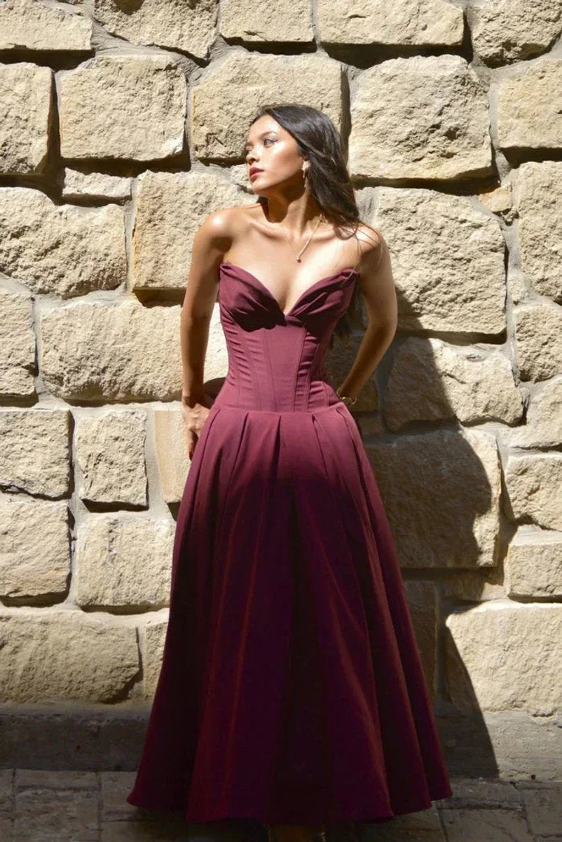 Amelia | Women's Strapless Corset Flared Midi Christmas Party Dress